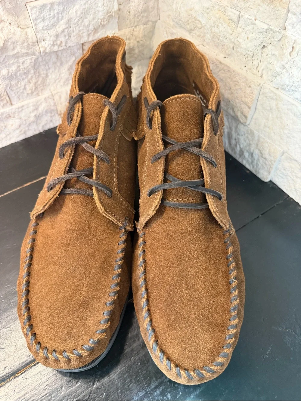 Minnetonka Chukka Boot Fringe Moccasins Vintage Brown Suede Lace Up Men’s 10